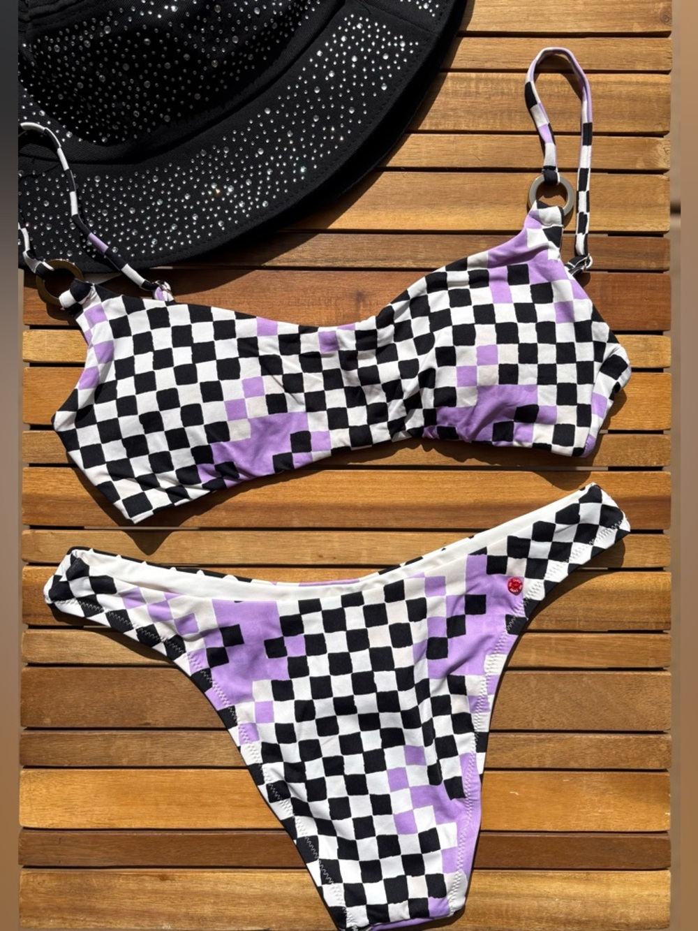 XSMALL NWT RED CARTER - GRACE CHECK ME OUT BIKINI SWIMSUIT BLACK WHITE LILAC